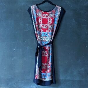 Talbots Handkerchiefs Dress Cap Sleeve Tie Waist Navy Red Paisley Sz S